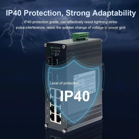 Industrial 8 Port Gigabit Ethernet Switch With DIN Rail Or Wall Mount Unmanaged 10 100 1000 Mbps RJ45 Ports Built To Last Tough As Nails Rugged Industrial Grade Wide Temperature Range 2 SFP Fiber Ports with IP40 protection shown