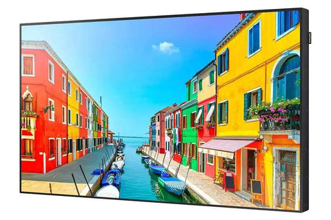 55 Inch Commercial Digital Signage Display With Killer 2500 Nits Brightness And Straight Up Crisp Full HD 1080p LED Screen showcasing colorful waterfront buildings.