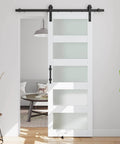 Five Panel Sliding Glass Barn Door Kit With Five Foot Hardware, Waterproof MDF And Frosted Glass For Privacy, Easy Assembly, Installed View
