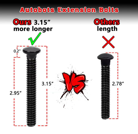 Comparison of Autobots extension bolts showing 3.15 inch bolt vs 2.78 inch bolt with labels 'Ours' and 'Others'.