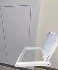 Pro Heavy Duty Drywall Access Door Built Like A Tank Aluminum Frame revealed on wall, shown partly open, clean finish for renovations.