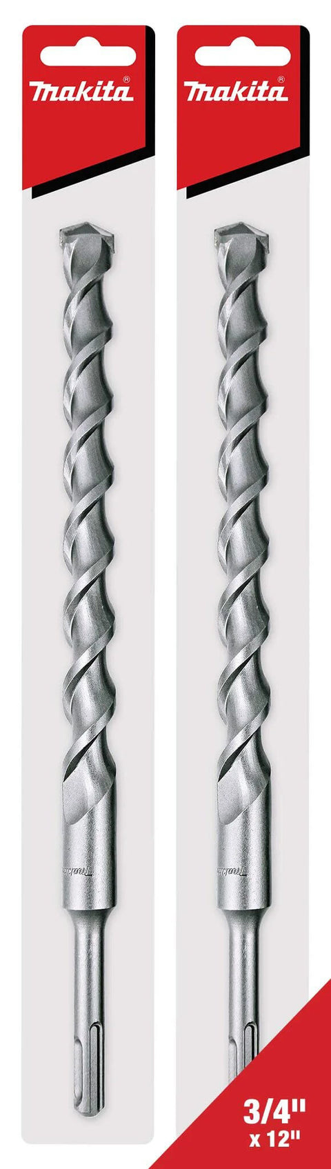 Front view: Makita SDS-Plus drill bits, 3/4 in x 12 in, steel masonry bits, two-pack in red packaging