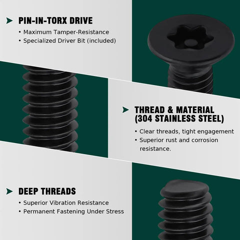 6 32 X 3 4 Inch Black Flat Head Security Torx Screws 304 Stainless Steel with deep threads and pin-in-Torx drive for security.