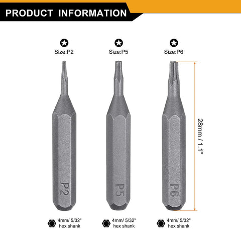 Pentagon Screwdriver Bit Set P2 P5 P6 5/32 Inch Hex Shank 28mm Length Magnetic S2 Steel Bits front view