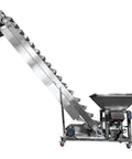 Rugged 220V 1 Phase Bucket Elevator Material Conveyor With 94 Point 5 Inch Lift Height And 400W Motor, stainless steel design with sloped hopper.