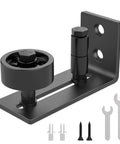 Flush Floor Sliding Barn Door Roller Guide Set With Wall Mounted Hardware, Adjustable Stay Rollers, shown with screws and tools.