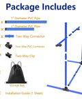 Package contents of 6 Weave Poles Or 2 Hurdles Convertible Dog Agility Set for indoor and outdoor training, including PVC pipes and connectors.