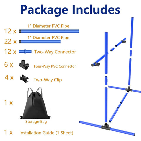 Package contents of 6 Weave Poles Or 2 Hurdles Convertible Dog Agility Set for indoor and outdoor training, including PVC pipes and connectors.