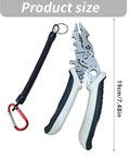 Heavy Duty Stainless Steel Wire Strippers And Cutting Pliers With Precision Notches For Clean Insulation Removal And Safe Electrical Work Durable Multi Function Tool showing product size 19cm/7.48in with safety lanyard.