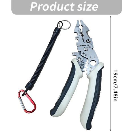 Heavy Duty Stainless Steel Wire Strippers And Cutting Pliers With Precision Notches For Clean Insulation Removal And Safe Electrical Work Durable Multi Function Tool showing product size 19cm/7.48in with safety lanyard.