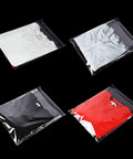 Self Sealing Cellophane Bags For Shirts And Clothing, Thick Resealable Poly Bags With Adhesive Seal, 10 By 14 Inches, 100 Pack, Store Ready Packaging Bags For Retail Display, Easy Organization And Protective Packaging, containing folded shirts in assorted colors on a black background.