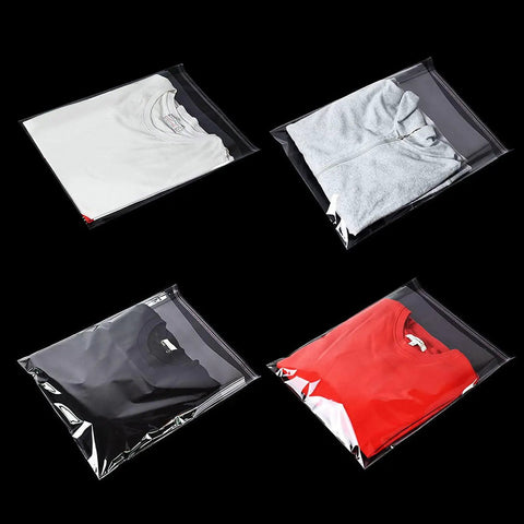 Self Sealing Cellophane Bags For Shirts And Clothing, Thick Resealable Poly Bags With Adhesive Seal, 10 By 14 Inches, 100 Pack, Store Ready Packaging Bags For Retail Display, Easy Organization And Protective Packaging, containing folded shirts in assorted colors on a black background.