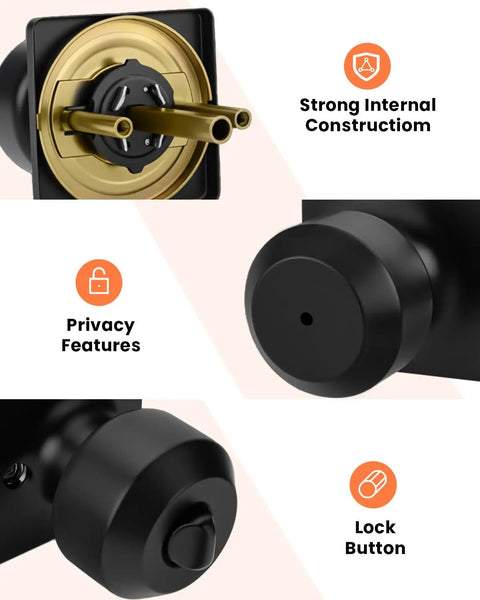 Six Pack Matte Black Interior Door Knobs With Privacy Function For Bedroom Or Bathroom showing internal construction and lock features