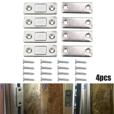 8 Pack Slim Magnetic Cabinet Catch Latches For Doors, Flush Mount Silver Hardware With Strong Hold, shown with screws