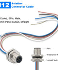 M12 Rugged 5 Pin A Code Male Connector Cable Back Mount IP67 Waterproof Unshielded Straight Aviation Socket