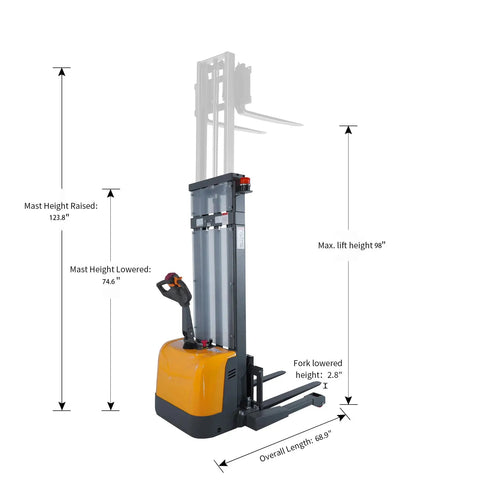 Apollo 3300 Lb Capacity Full Electric Stacker With 98 Inch Lifting Height powered straddle forklift showing max height of 98 inches.