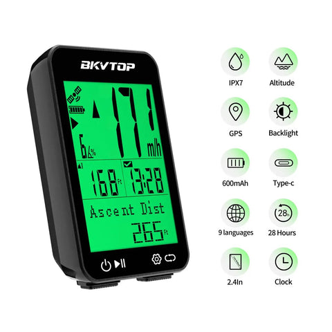 GPS Bike Computer With Wireless Cycling Data, 2.4 Inch LCD Speedometer, auto start stop, displayed features and icons