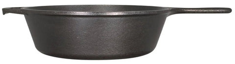 5 Quart Pre Seasoned Cast Iron Deep Skillet With Teardrop And Assist Handles, side view showing heavy duty build and matte black finish.