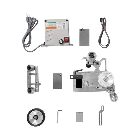 Heavy Duty Bench Grinder And Knife Sharpener With 1x30 Belt Sander Plus Polishing Wheel Tool components layout, including motor and adjustable parts.