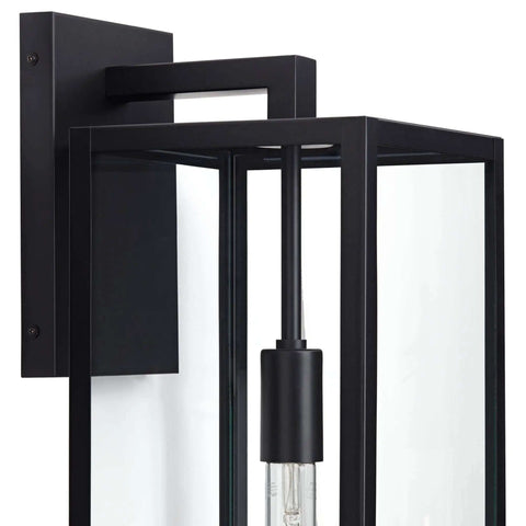 Modern Industrial Outdoor Wall Light Fixture In Mystic Black With 27 Inch Clear Glass Panels, side view