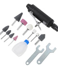 Real Deal Pneumatic Die Grinder Kit With Quarter Inch Chuck aluminum die grinder with accessories including grinding heads and wrenches.