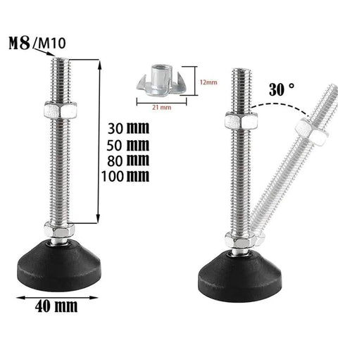 Heavy Duty Swivel Furniture Leveling Feet With M8 And M10 Threads And Tough Nylon Bases showing adjustable heights and angles.