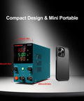 DC Power Supply 0-30V 0-5A HM305M Mini Variable Switching Digital Bench Power Supply next to smartphone for size comparison.