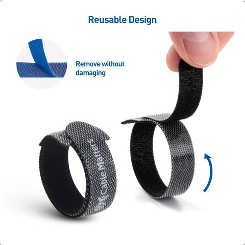 100 Pack 8 Inch Hook And Loop Reusable Cable Ties With 42 Lb Tensile Strength Multi Color Black Blue And Orange For Easy Cable Management Zero Hassle Setup For Desk Or Home Office And Tech Gear showing flexibility of black cable tie