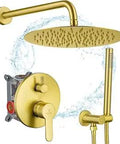 Rainfall Shower System With Handheld Spray Wall Mounted Brushed Gold 12 Inch Tub Spout Easy One Handle Controls Hot And Cold