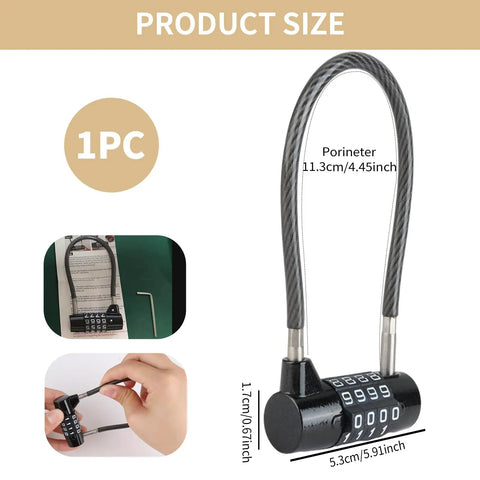 Heavy Duty 4 Digit Combo Cable Lock With Resettable Braided Steel Wire And Smooth Protective Jacket For Lock Tight Security dimensions and design overview.