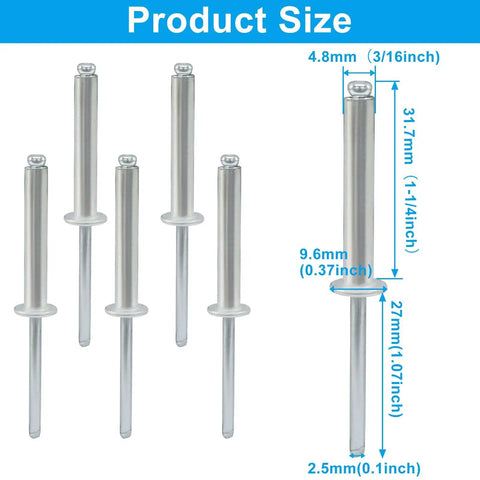 Diagram showing 60 Piece Aluminum Blind Rivet Assortment Kit, Three Sixteenth Inch By One And One Quarter Inch Closed End Pop Rivets dimensions