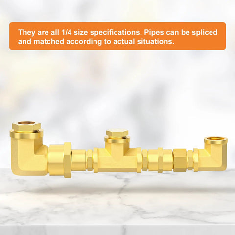Brass Pipe Fittings 104 Piece Assortment Kit With Reducing Adapters Hex Nipples for plumbing projects on marble surface