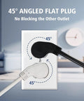 Installed Ultra Flexible 1875W Extension Cord With Flat Plug 15A 14AWG on wall outlet, angled plug, white