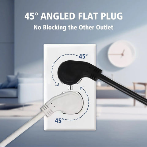 Installed Ultra Flexible 1875W Extension Cord With Flat Plug 15A 14AWG on wall outlet, angled plug, white