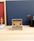 Heavy Duty Six Hole Three Fold Cabinet Door Hinges for Wood Boxes, shown on a small open wooden box on a desk