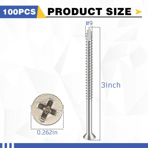 Workhorse 3 Inch Satin Nickel Wood Screws One Hundred Pack heavy duty flat head with #9 size and countersunk design.