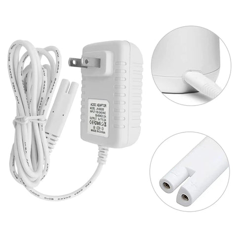 Travel Ready Water Flosser Charger Adapter Replacement For Multiple Models WP360 WP462 WP450 WF13 WP100 And More, 100V-240V Input, 3V DC Output, Two Prong, 6.5 Feet Cable, White shown with cable and plug details.