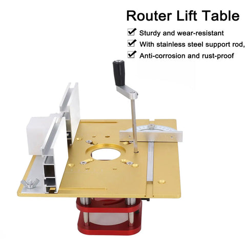 Beefy Pro Grade Manual Lifting Router System Kit With Four Jaw Clamps, Adjustable Router Table Lift For 64-66mm Motors, Durable Router Table Saw Insert Base Plate For Woodworking And Small Trimming Tasks. Gold router lift table with hand crank and clamps