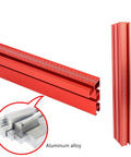 Built Tough Aluminum T Track Table Fence System With Laser Measure, red aluminum alloy tracks with measurement scales.