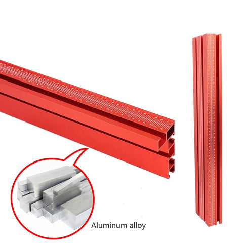Built Tough Aluminum T Track Table Fence System With Laser Measure, red aluminum alloy tracks with measurement scales.