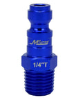 Blue T Style Pneumatic Plug Quarter Inch NPT Male shown in close-up, A Style Compatible Color Coded Quick Connects For Air Lines
