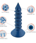 Close-up of heavy duty quarter inch by one and quarter inch blue flat head concrete screw anchor with features highlighted.