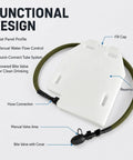 Functional design features of 50oz Hydration Bladder Water Reservoir for outdoors with hose connection and valve areas shown.