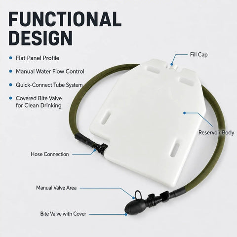 Functional design features of 50oz Hydration Bladder Water Reservoir for outdoors with hose connection and valve areas shown.