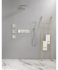 Wall Mounted Waterfall Rain Shower System with 3 Body Sprays & Handheld Shower in brushed nickel finish on gray wall.