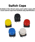 Dope 70 Piece 12x12x7.3mm Tactile Button Switch Kit with 4 Pin PCB micro switches and caps, Arduino compatible, 5 color cap view