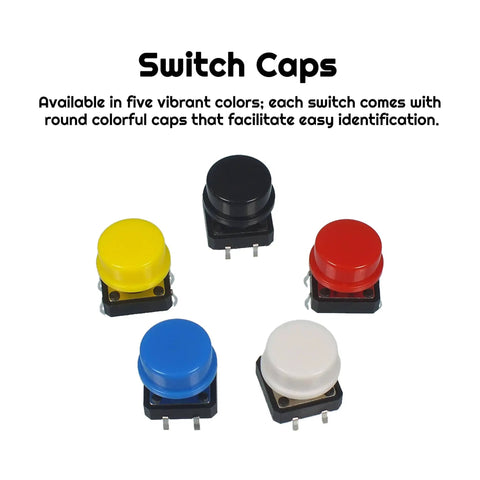Dope 70 Piece 12x12x7.3mm Tactile Button Switch Kit with 4 Pin PCB micro switches and caps, Arduino compatible, 5 color cap view