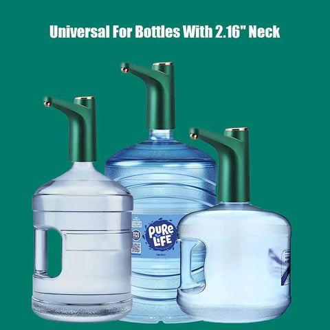 Three 5 gallon water bottles with green dispenser pumps, highlighting universal fit with 2.16" neck for USB charging system.