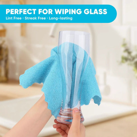 Orighty blue microfiber cleaning cloth, 12x11 in, used for wiping glass surfaces.