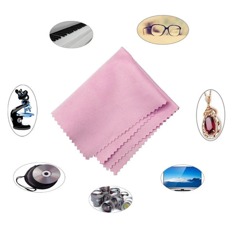 Pink microfiber cleaning cloth, 6 x 7 inches, for camera lenses and screens.